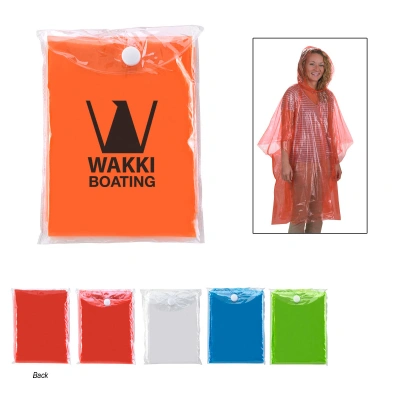 Are there any photos of somebody wearing poncho with a logo on it?