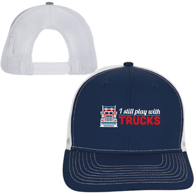 How much for embroidery (trucker hat - flat bill with mesh back) one color (WHITE) on Navy.